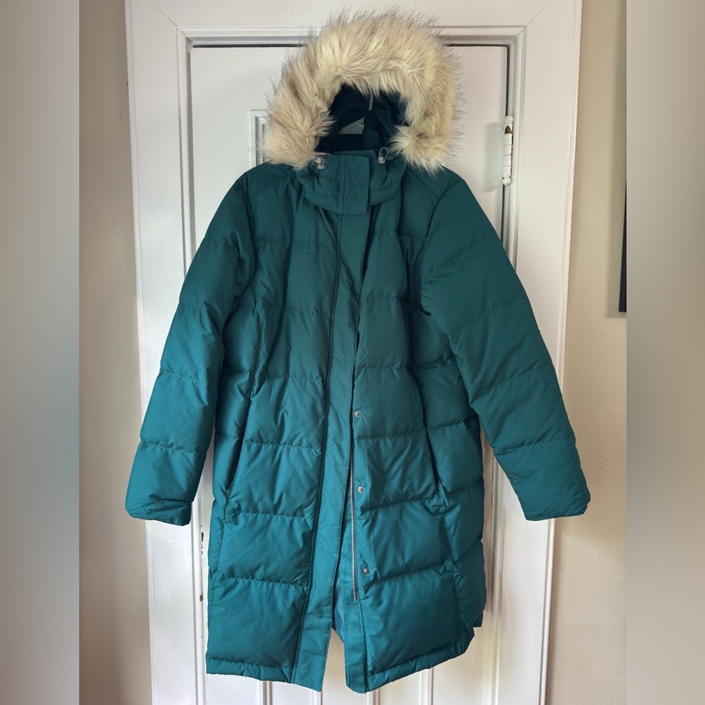 L.L. Bean Teal Winter Jacket with Faux Fur Hood, 3/4 Length